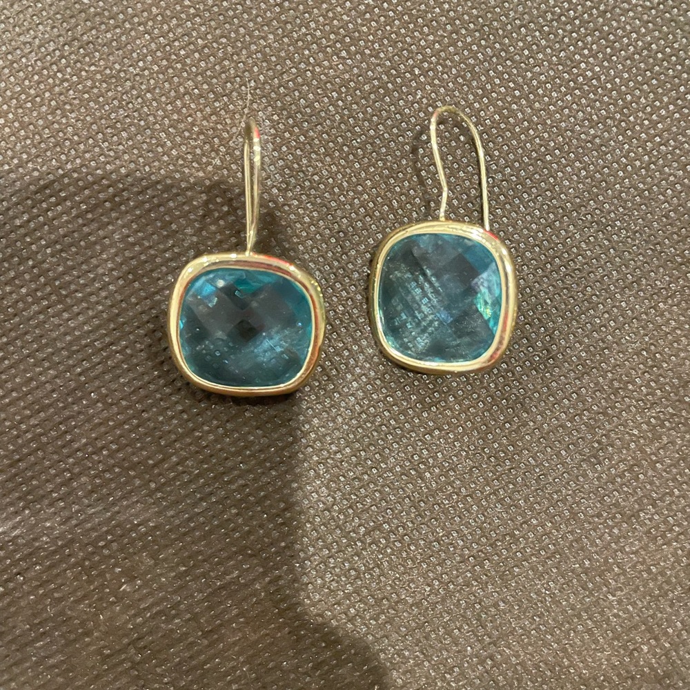 Blue topaz statement earrings, gold vermeil drops.